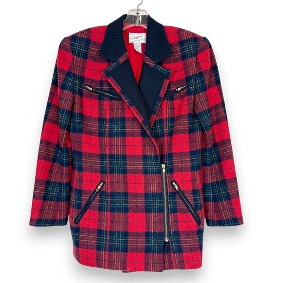 Vintage Plaid Wool Blazer Jacket Red Blue Preppy Statement Rockabilly 80s Medium - Picture 10 of 10